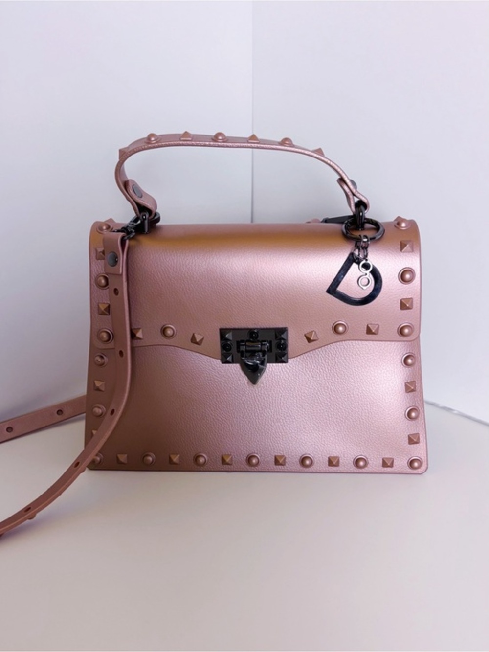 Studded Metallic Rose Rivet Crossbody Top Handel Faux Leather Unlined Handbag